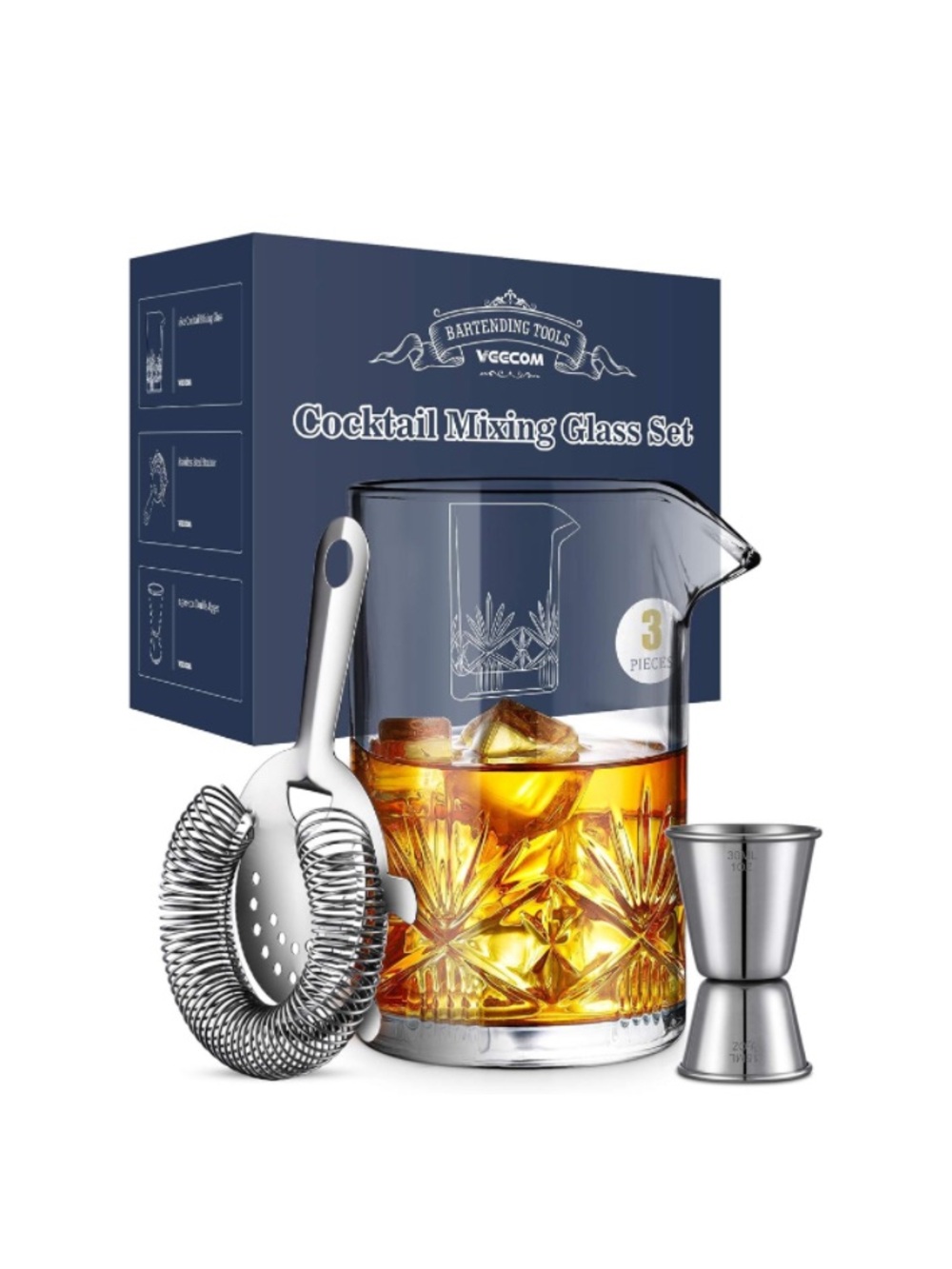 NEW Cocktail Mixing Glass, 3 Piece Old Fashioned Cocktail Set with Strainer